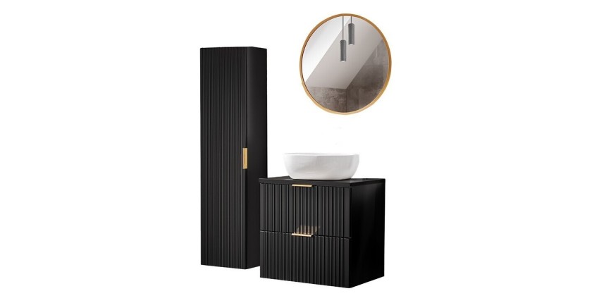 Meuble sous vasque NOXERA 60 cm – Noir mat – Vasque + miroir LED + colonne suspendue