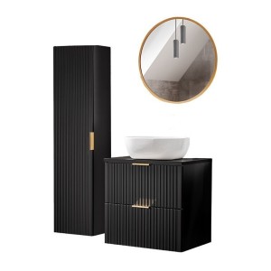 Meuble sous vasque NOXERA 60 cm – Noir mat – Vasque + miroir LED + colonne suspendue