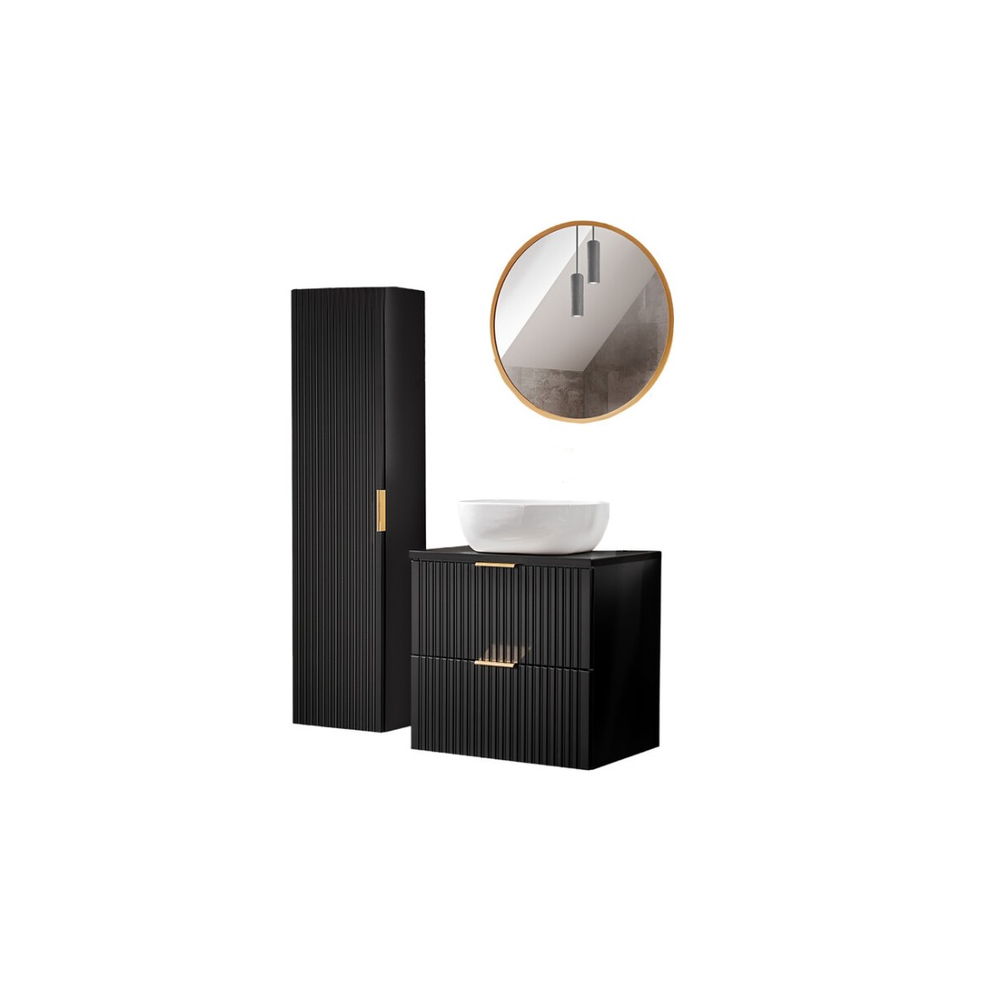 Meuble sous vasque NOXERA 60 cm – Noir mat – Vasque + miroir LED + colonne suspendue
