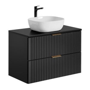 Meuble sous vasque NOXERA 80 cm – Noir mat – 2 tiroirs + plan pour vasque + vasque