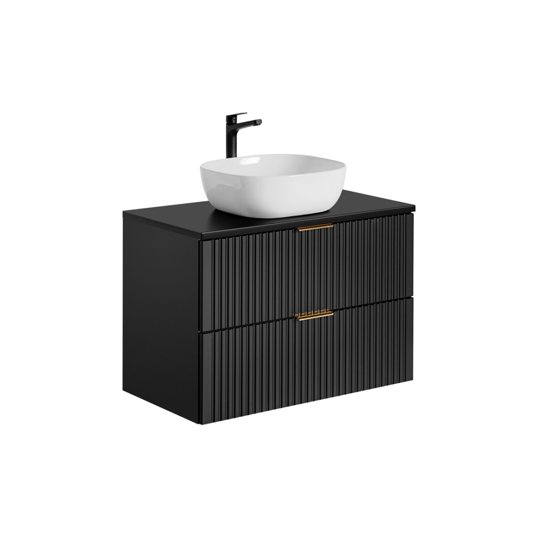 Meuble sous vasque NOXERA 80 cm – Noir mat – 2 tiroirs + plan vasque + vasque