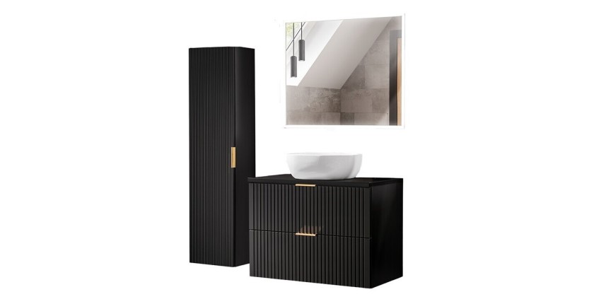 Meuble sous vasque NOXERA 80 cm – Noir mat – Vasque + miroir LED + colonne suspendue