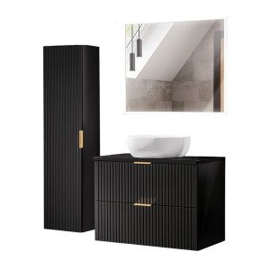 Meuble sous vasque NOXERA 80 cm – Noir mat – Vasque + miroir LED + colonne suspendue