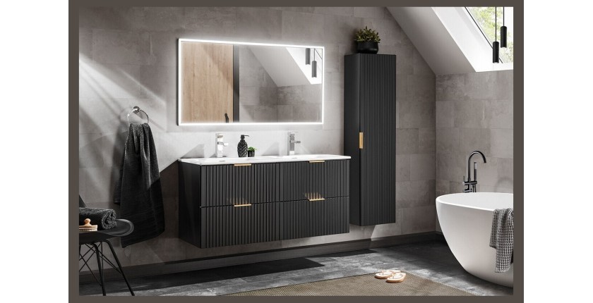 Meuble sous vasque 120 cm + double vasque encastré + syphon + colonne de sdb suspendue + Grand miroir rectangulaire avec LED