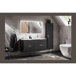 Meuble sous vasque 120 cm + double vasque encastré + syphon + colonne de sdb suspendue + Grand miroir rectangulaire avec LED