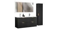 Meuble sous vasque 120 cm + double vasque encastré + syphon + colonne de sdb suspendue + Grand miroir rectangulaire avec LED