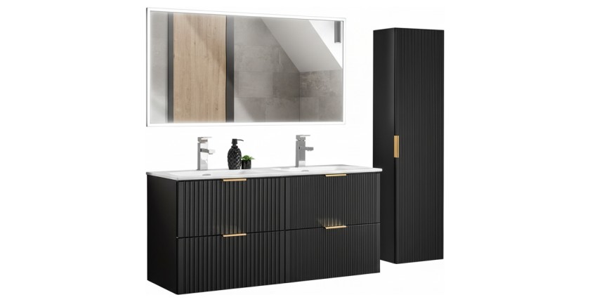 Meuble sous vasque 120 cm + double vasque encastré + syphon + colonne de sdb suspendue + Grand miroir rectangulaire avec LED