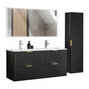 Meuble sous vasque 120 cm + double vasque encastré + syphon + colonne de sdb suspendue + Grand miroir rectangulaire avec LED