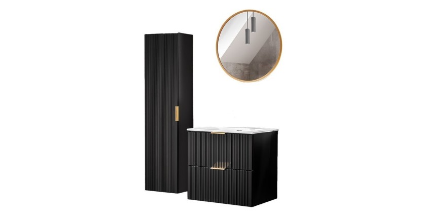 Meuble sous vasque NOXERA 60 cm – Noir mat – Vasque encastrée + miroir LED + colonne suspendue + siphon