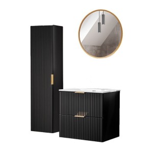 Meuble sous vasque NOXERA 60 cm – Noir mat – Vasque encastrée + miroir LED + colonne suspendue + siphon