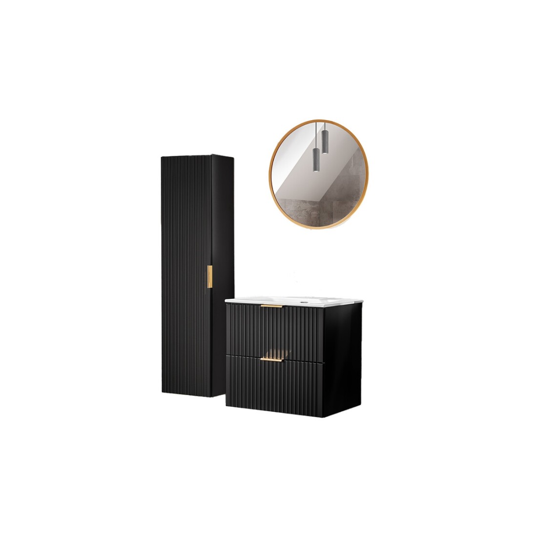 Meuble sous vasque NOXERA 60 cm – Noir mat – Vasque encastrée + miroir LED + colonne suspendue + siphon