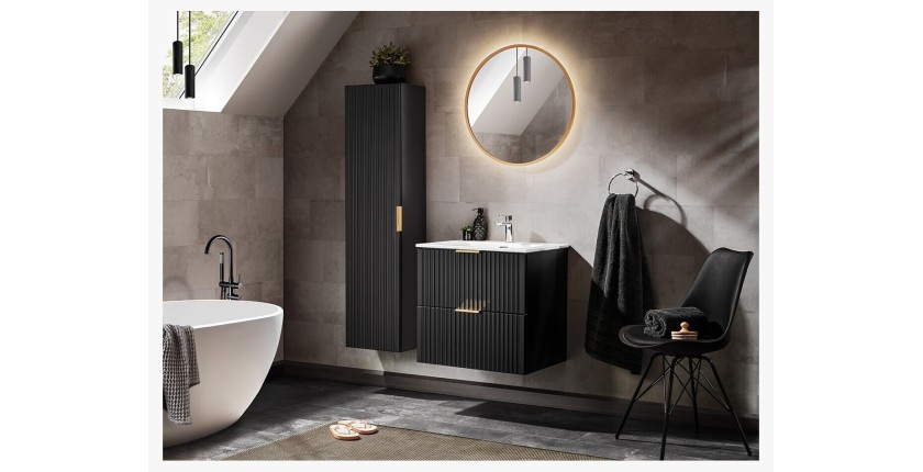 Meuble sous vasque NOXERA 60 cm – Noir mat – Vasque encastrée + miroir LED + colonne suspendue + siphon