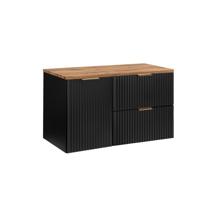 Meuble sous vasque NOXERA 100 cm – Noir mat & chêne – 2 tiroirs + panier + plan pour vasque
