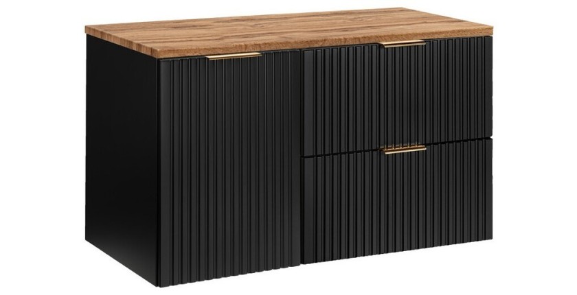 Meuble sous vasque NOXERA 100 cm – Noir mat & chêne – 2 tiroirs + porte panier + plan vasque