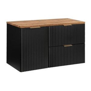 Meuble sous vasque NOXERA 100 cm – Noir mat & chêne – 2 tiroirs + porte panier + plan vasque