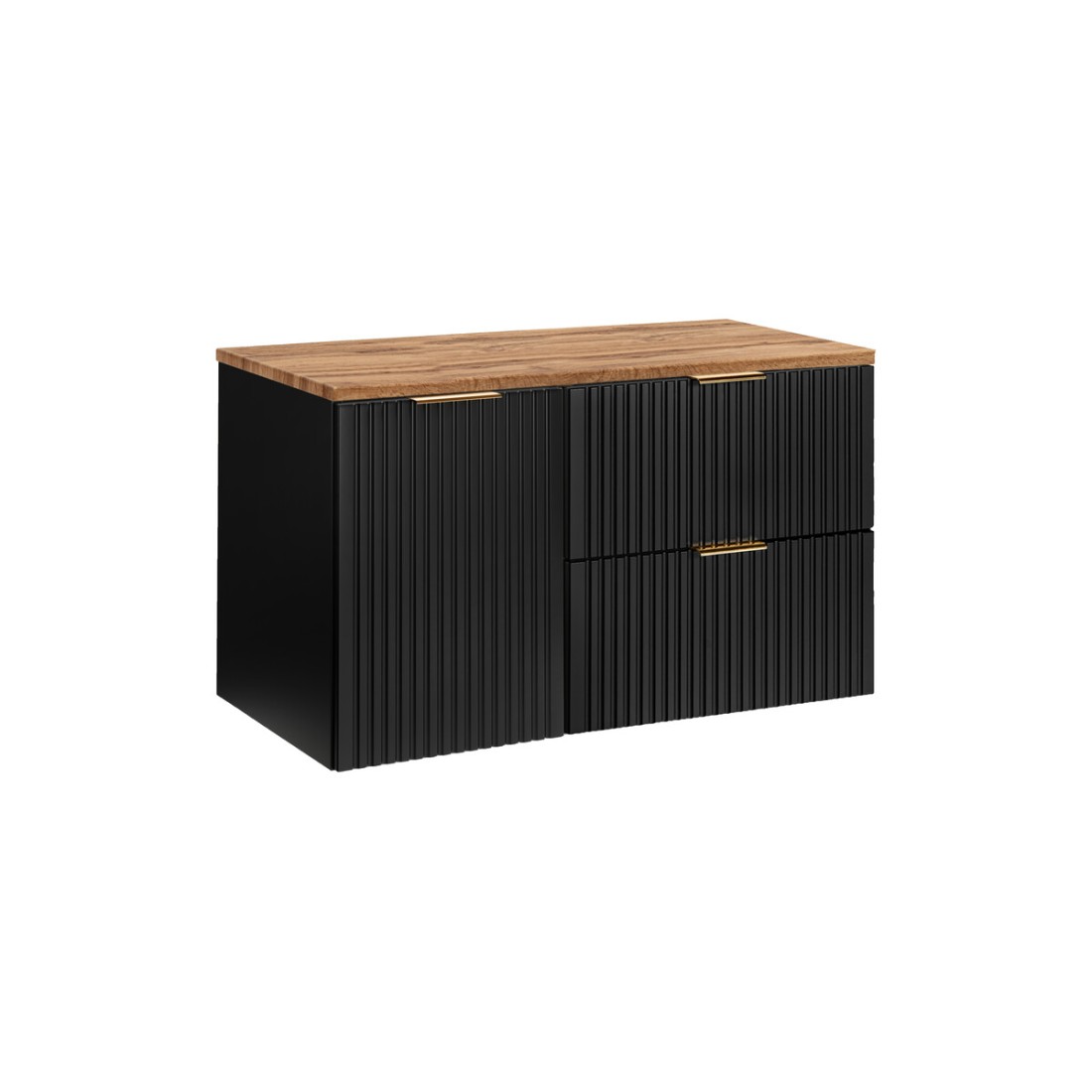 Meuble sous vasque NOXERA 100 cm – Noir mat & chêne – 2 tiroirs + porte panier + plan vasque