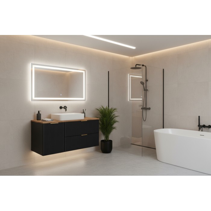 Meuble sous vasque NOXERA 100 cm – Noir mat & chêne – 2 tiroirs + panier + plan pour vasque