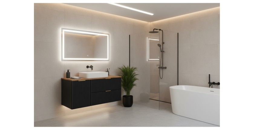 Meuble sous vasque NOXERA 100 cm – Noir mat & chêne – 2 tiroirs + porte panier + plan vasque