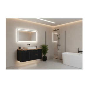 Meuble sous vasque NOXERA 100 cm – Noir mat & chêne – 2 tiroirs + porte panier + plan vasque