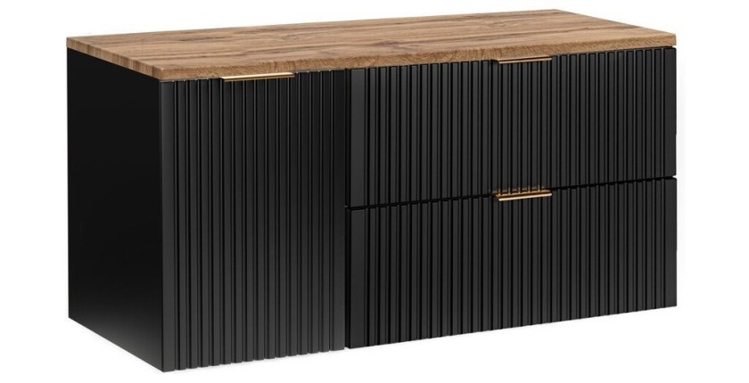 Meuble sous vasque NOXERA 120 cm – Noir mat & chêne – 2 tiroirs + porte panier + plan vasque