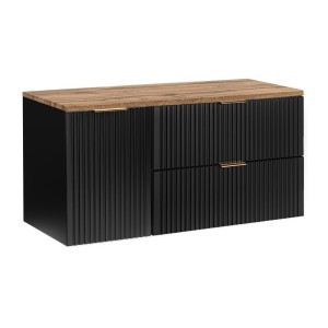 Meuble sous vasque NOXERA 120 cm – Noir mat & chêne – 2 tiroirs + panier à linge + plan pour vasque