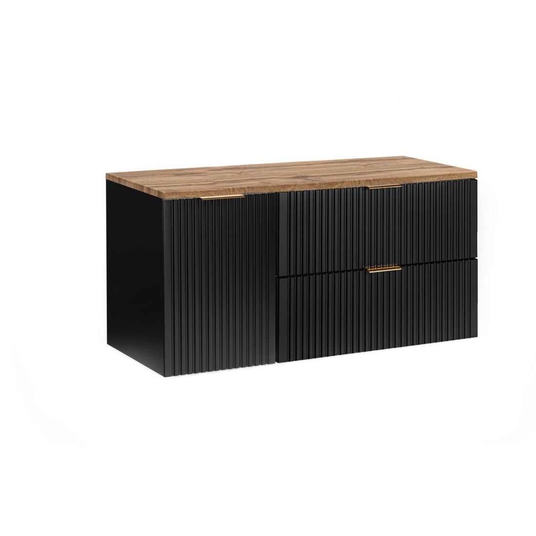 Meuble sous vasque NOXERA 120 cm – Noir mat & chêne – 2 tiroirs + panier à linge + plan pour vasque