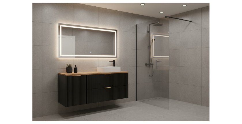 Meuble sous vasque NOXERA 120 cm – Noir mat & chêne – 2 tiroirs + panier à linge + plan pour vasque