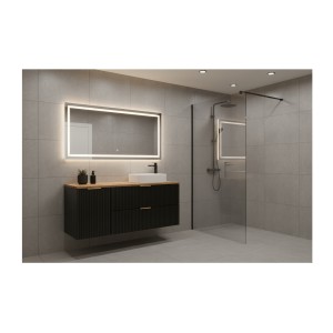 Meuble sous vasque NOXERA 120 cm – Noir mat & chêne – 2 tiroirs + panier à linge + plan pour vasque