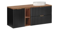 Meuble sous vasque NOXERA 140 cm – Noir mat & chêne – 2 tiroirs + porte panier + plan vasque + niches + vasque