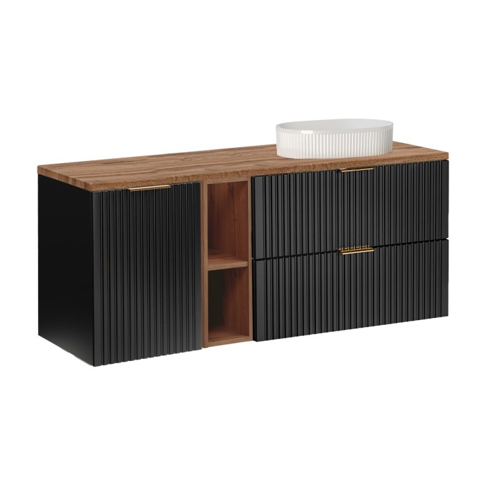 Meuble sous vasque NOXERA 140 cm – Noir mat & chêne – 2 tiroirs + panier à linge + plan pour vasque + niches + vasque