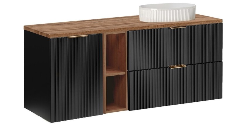 <p>Onderbouwmeubel NOXERA 140 cm – Mat Zwart & Eiken – 2 laden + wasmand + plan voor wastafel + nissen + wastafel</p>