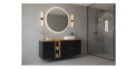 Meuble sous vasque NOXERA 140 cm – Noir mat & chêne – 2 tiroirs + porte panier + plan vasque + niches + vasque