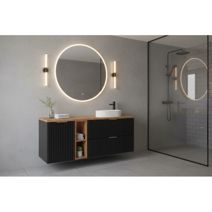 Meuble sous vasque NOXERA 140 cm – Noir mat & chêne – 2 tiroirs + panier à linge + plan pour vasque + niches + vasque
