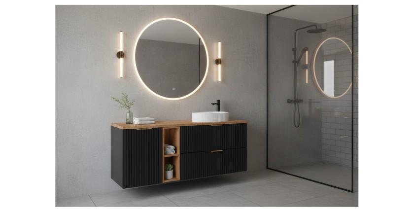 Meuble sous vasque NOXERA 140 cm – Noir mat & chêne – 2 tiroirs + porte panier + plan vasque + niches + vasque