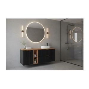 Meuble sous vasque NOXERA 140 cm – Noir mat & chêne – 2 tiroirs + porte panier + plan vasque + niches + vasque