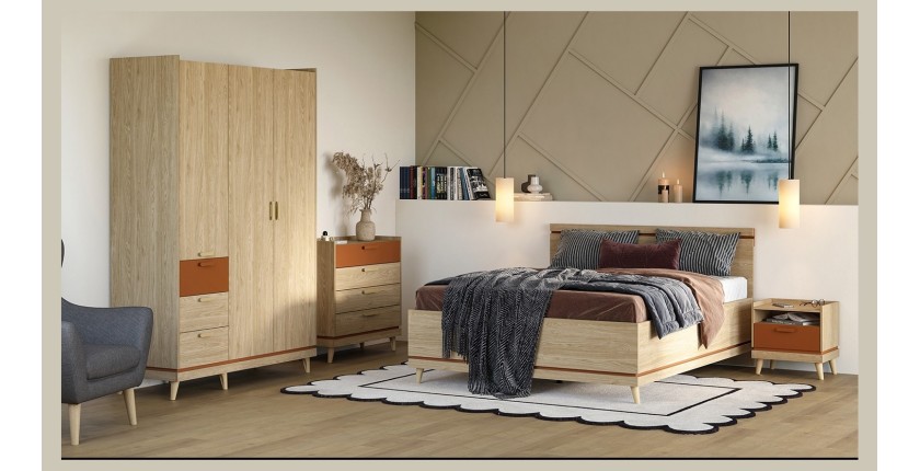 Lit NOKI – 160x200 cm chêne clair et moka – Style scandinave sans sommier