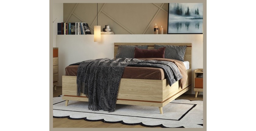 Lit NOKI – 160x200 cm chêne clair et moka – Style scandinave sans sommier
