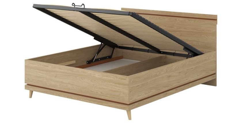 Lit coffre NOKI – 160x200 cm chêne clair et moka – Style scandinave avec sommier métal