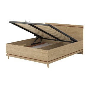 Lit coffre NOKI – 160x200 cm chêne clair et moka – Style scandinave avec sommier métal