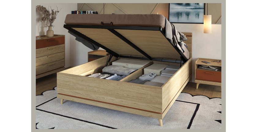 Lit coffre NOKI – 160x200 cm chêne clair et moka – Style scandinave avec sommier métal