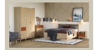 Lit coffre NOKI – 160x200 cm chêne clair et moka – Style scandinave avec sommier métal