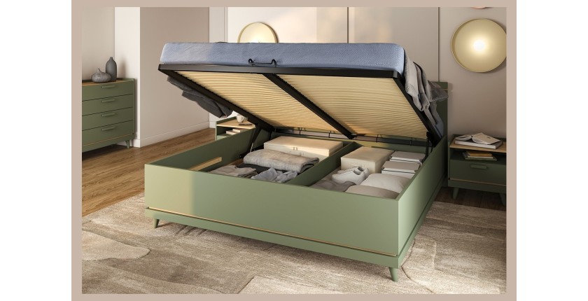 Lit coffre NOKI – 180x200 cm vert et bois – Style scandinave
