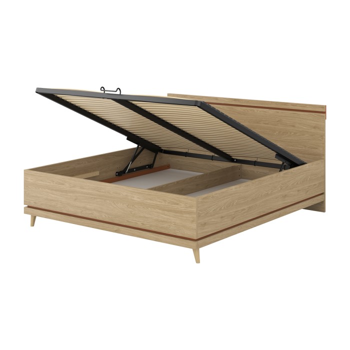 Bett mit Stauraum NOKI – 180x200 cm helles Eichenholz und Mokka – Skandinavischer Stil mit Metall-Lattenrost