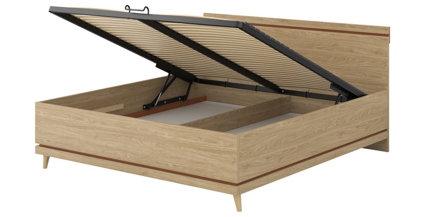 Lit coffre NOKI – 180x200 cm chêne clair et moka – Style scandinave avec sommier métal