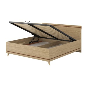 Lit coffre NOKI – 180x200 cm chêne clair et moka – Style scandinave avec sommier métal