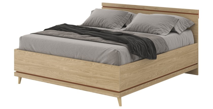 Lit coffre NOKI – 180x200 cm chêne clair et moka – Style scandinave avec sommier métal