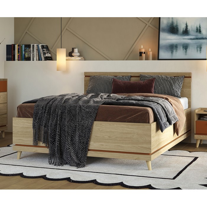 Bett mit Stauraum NOKI – 180x200 cm helles Eichenholz und Mokka – Skandinavischer Stil mit Metall-Lattenrost