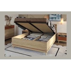 Lit coffre NOKI – 180x200 cm chêne clair et moka – Style scandinave avec sommier métal