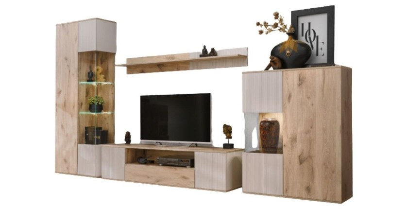 Composition murale ERINA – Vitrine, meuble TV, étagère murale et buffet haut – Chêne clair et beige