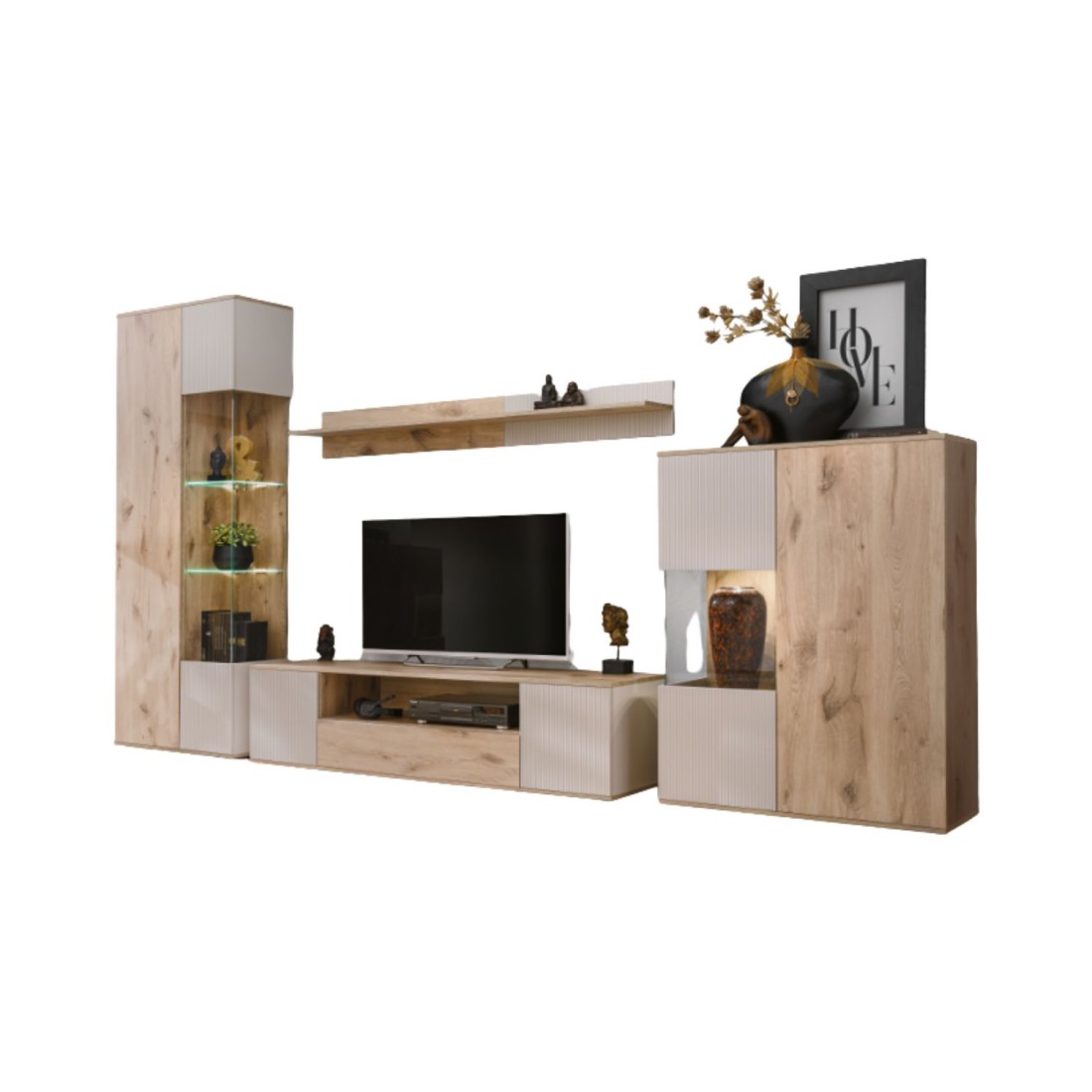 Composition murale ERINA – Vitrine, meuble TV, étagère murale et buffet haut – Chêne clair et beige